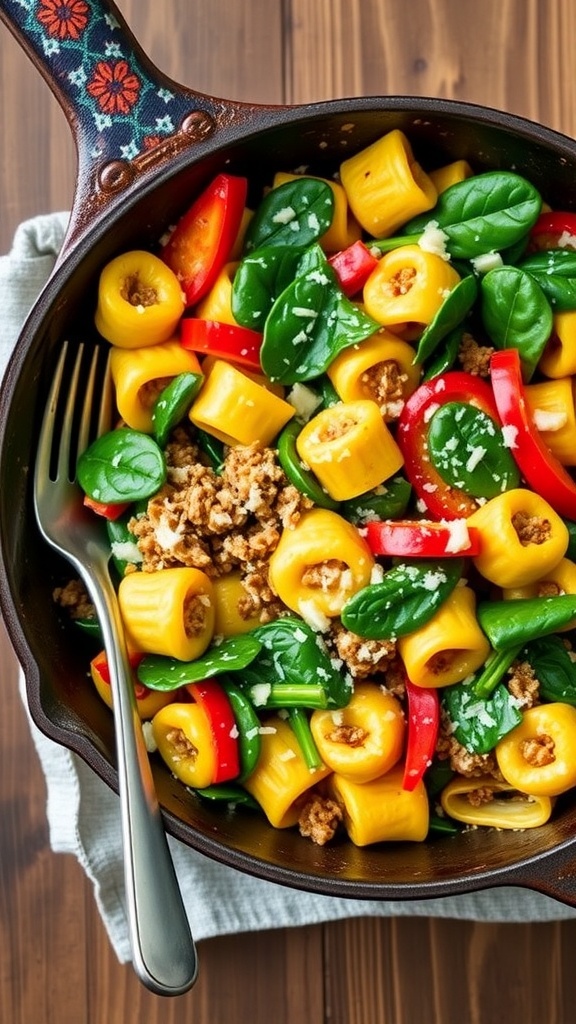 A skillet of ground turkey tortellini with bell peppers and spinach, garnished with Parmesan cheese.